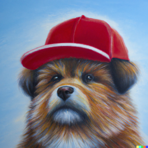 DALL·E 2022-08-29 09.11.52 - An oil painting of a fluffy dog wearing a baseball cap on a blue background