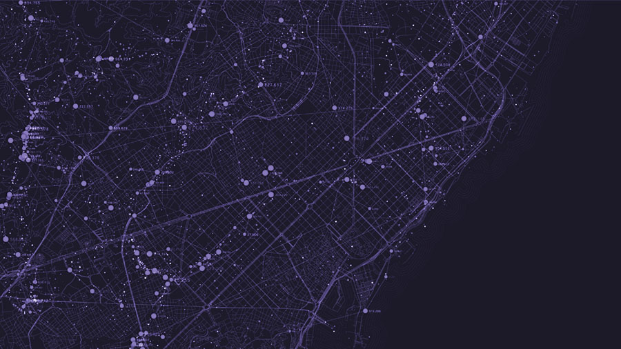 Big data in modern city. Abstract social information sorting visualization. Human connections or urban financial structure analysis. Complex geospatial data. Visual information complexity.